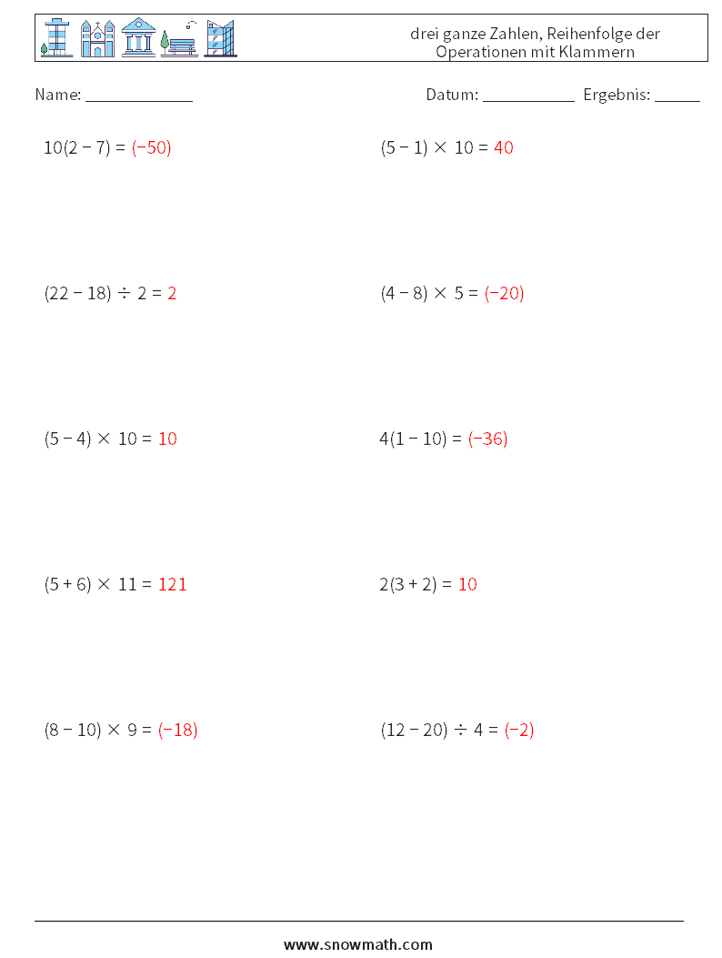 (10) drei ganze Zahlen, Reihenfolge der Operationen mit Klammern Mathe-Arbeitsblätter 9 Frage, Antwort