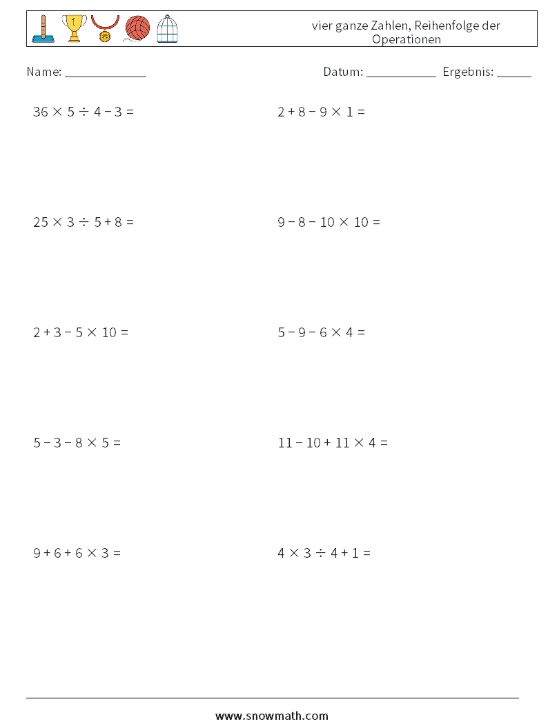 (10) vier ganze Zahlen, Reihenfolge der Operationen Mathe-Arbeitsblätter 10