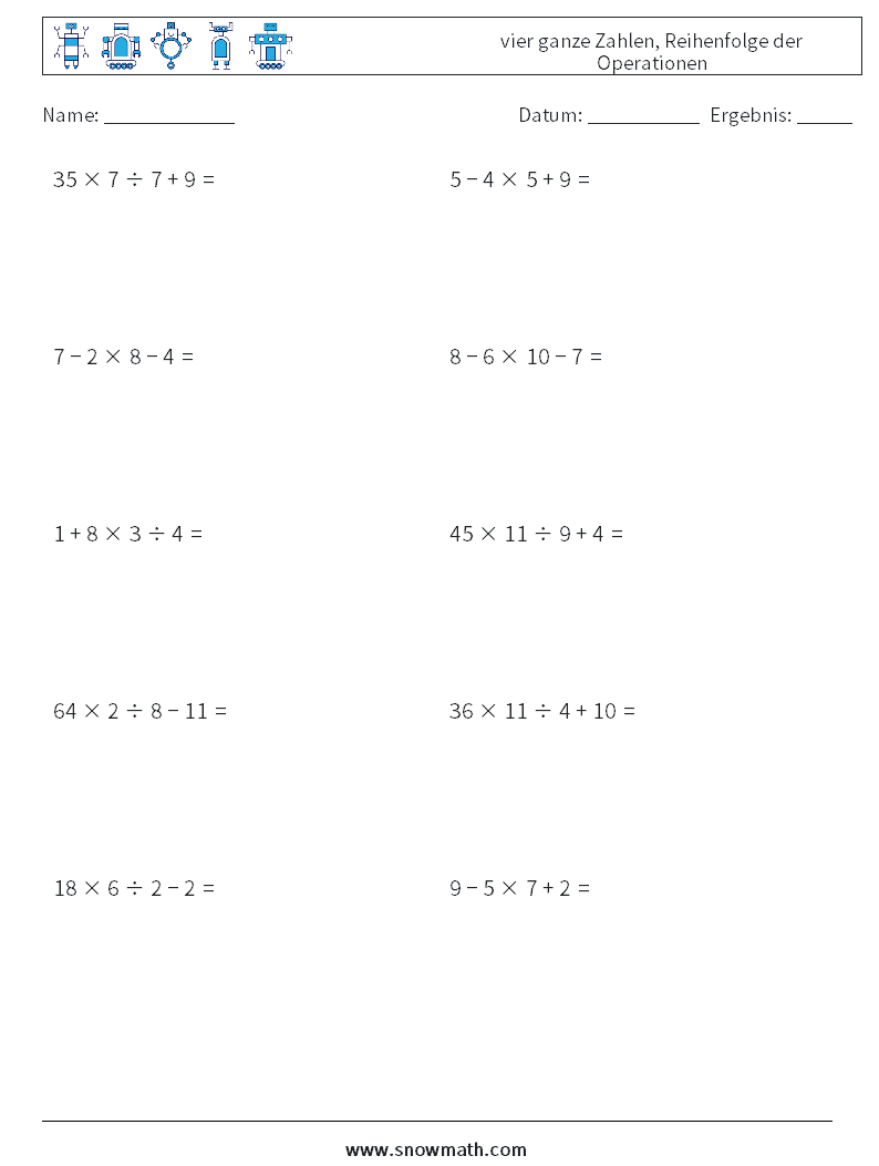 (10) vier ganze Zahlen, Reihenfolge der Operationen Mathe-Arbeitsblätter 11