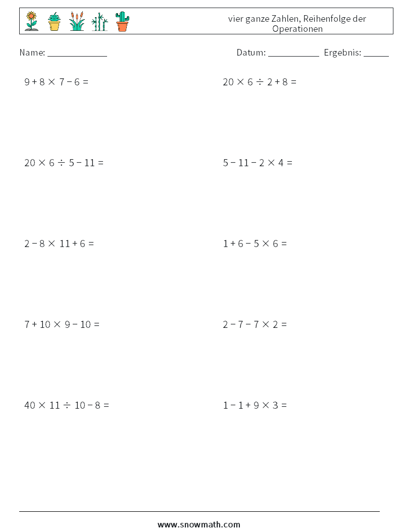 (10) vier ganze Zahlen, Reihenfolge der Operationen Mathe-Arbeitsblätter 12