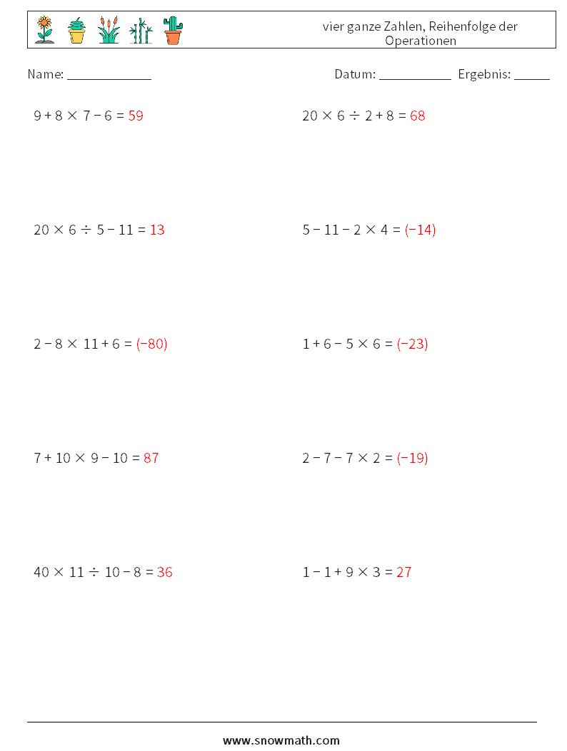 (10) vier ganze Zahlen, Reihenfolge der Operationen Mathe-Arbeitsblätter 12 Frage, Antwort