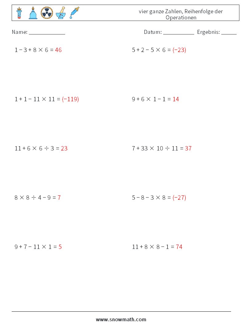 (10) vier ganze Zahlen, Reihenfolge der Operationen Mathe-Arbeitsblätter 14 Frage, Antwort