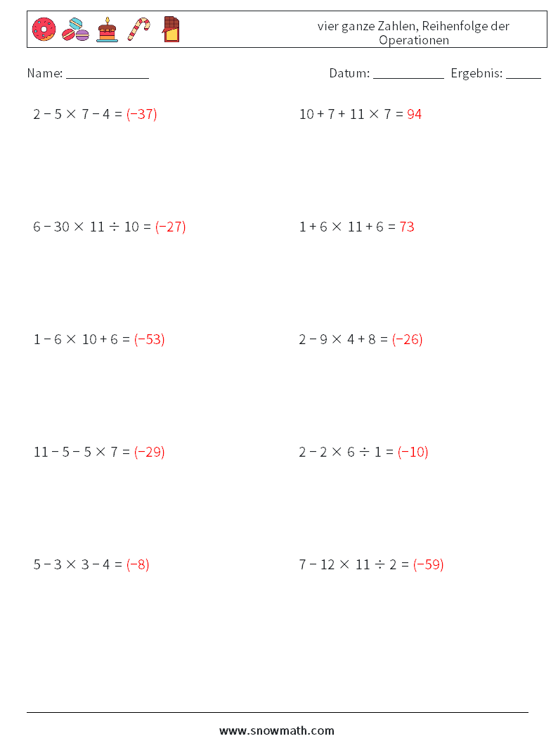 (10) vier ganze Zahlen, Reihenfolge der Operationen Mathe-Arbeitsblätter 15 Frage, Antwort
