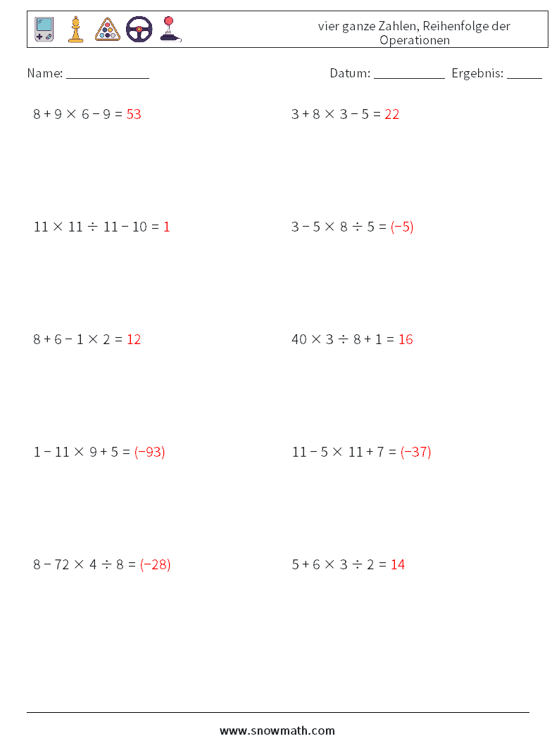 (10) vier ganze Zahlen, Reihenfolge der Operationen Mathe-Arbeitsblätter 16 Frage, Antwort