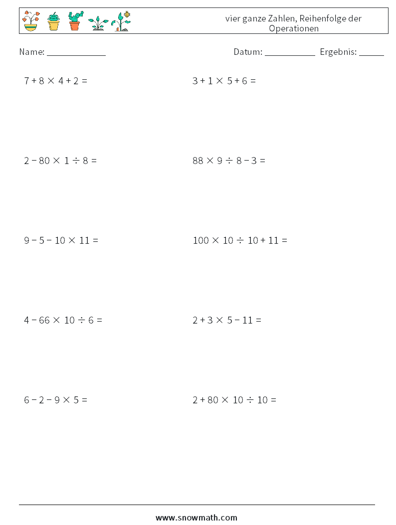(10) vier ganze Zahlen, Reihenfolge der Operationen Mathe-Arbeitsblätter 17