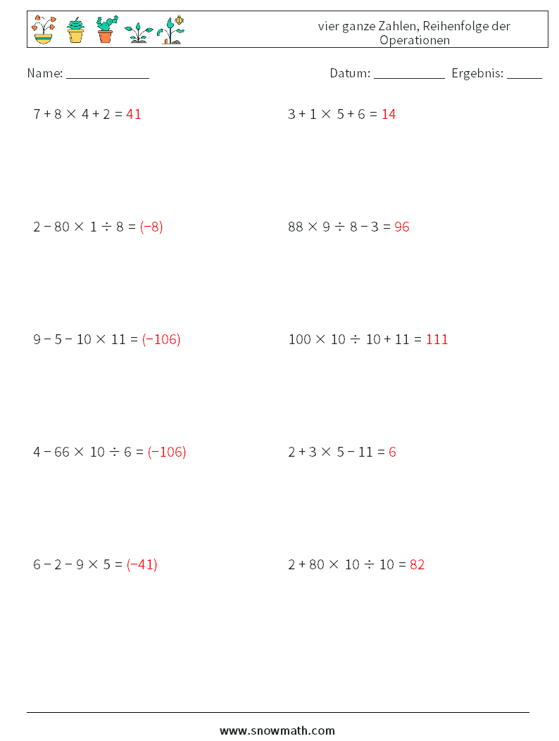 (10) vier ganze Zahlen, Reihenfolge der Operationen Mathe-Arbeitsblätter 17 Frage, Antwort