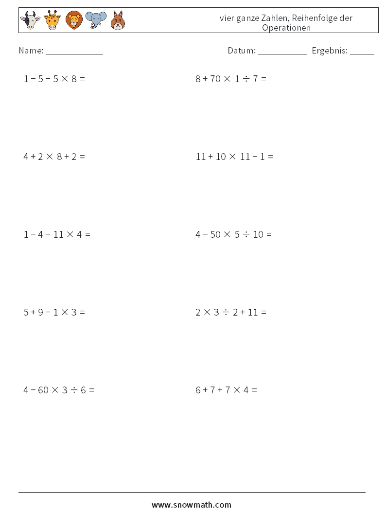 (10) vier ganze Zahlen, Reihenfolge der Operationen Mathe-Arbeitsblätter 18