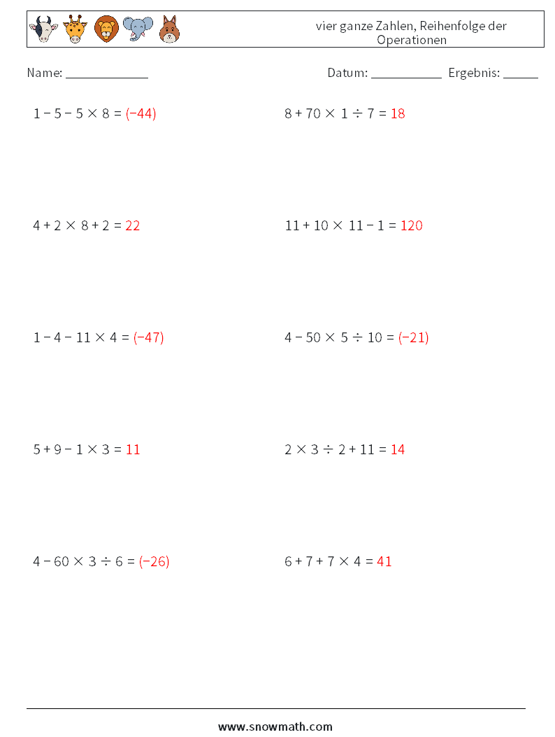 (10) vier ganze Zahlen, Reihenfolge der Operationen Mathe-Arbeitsblätter 18 Frage, Antwort
