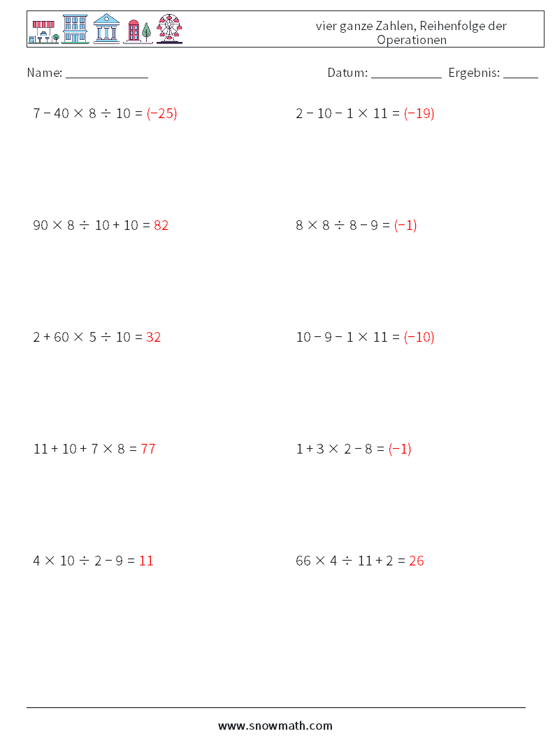 (10) vier ganze Zahlen, Reihenfolge der Operationen Mathe-Arbeitsblätter 1 Frage, Antwort
