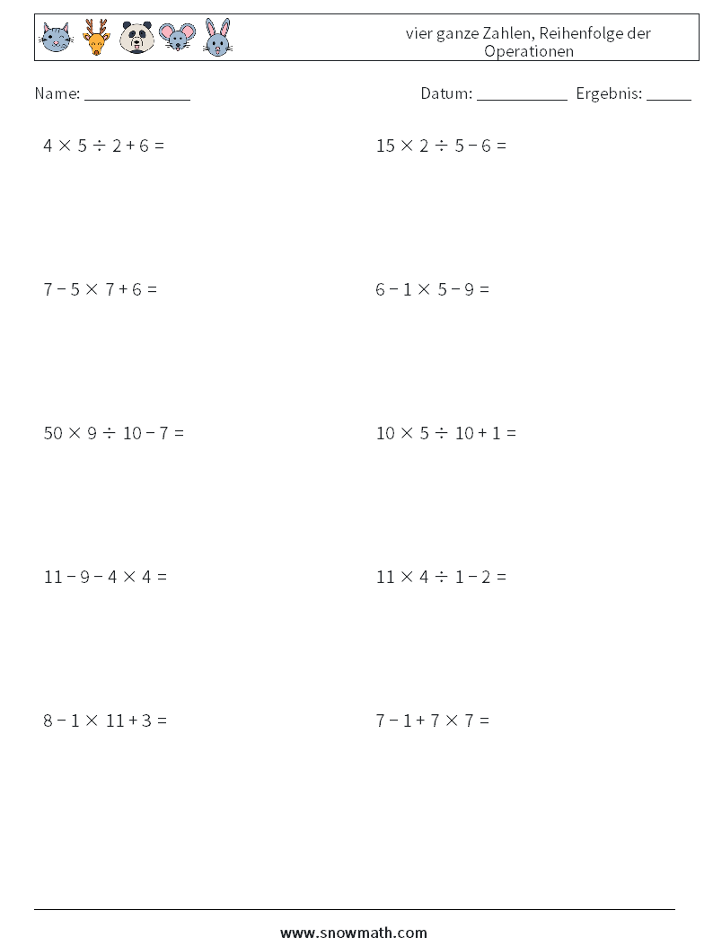 (10) vier ganze Zahlen, Reihenfolge der Operationen Mathe-Arbeitsblätter 2