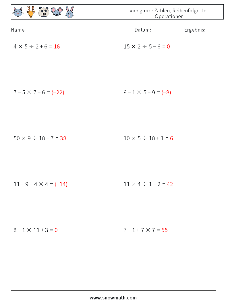 (10) vier ganze Zahlen, Reihenfolge der Operationen Mathe-Arbeitsblätter 2 Frage, Antwort