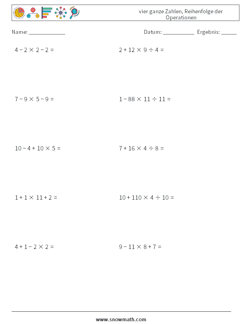 (10) vier ganze Zahlen, Reihenfolge der Operationen Mathe-Arbeitsblätter 3