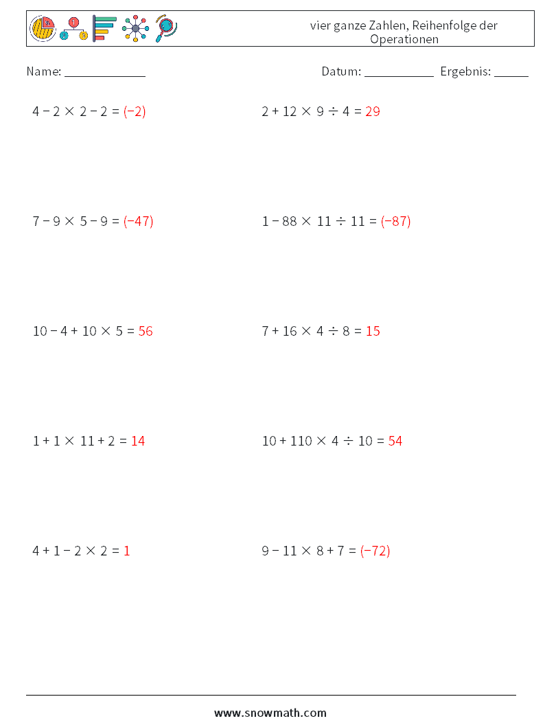 (10) vier ganze Zahlen, Reihenfolge der Operationen Mathe-Arbeitsblätter 3 Frage, Antwort