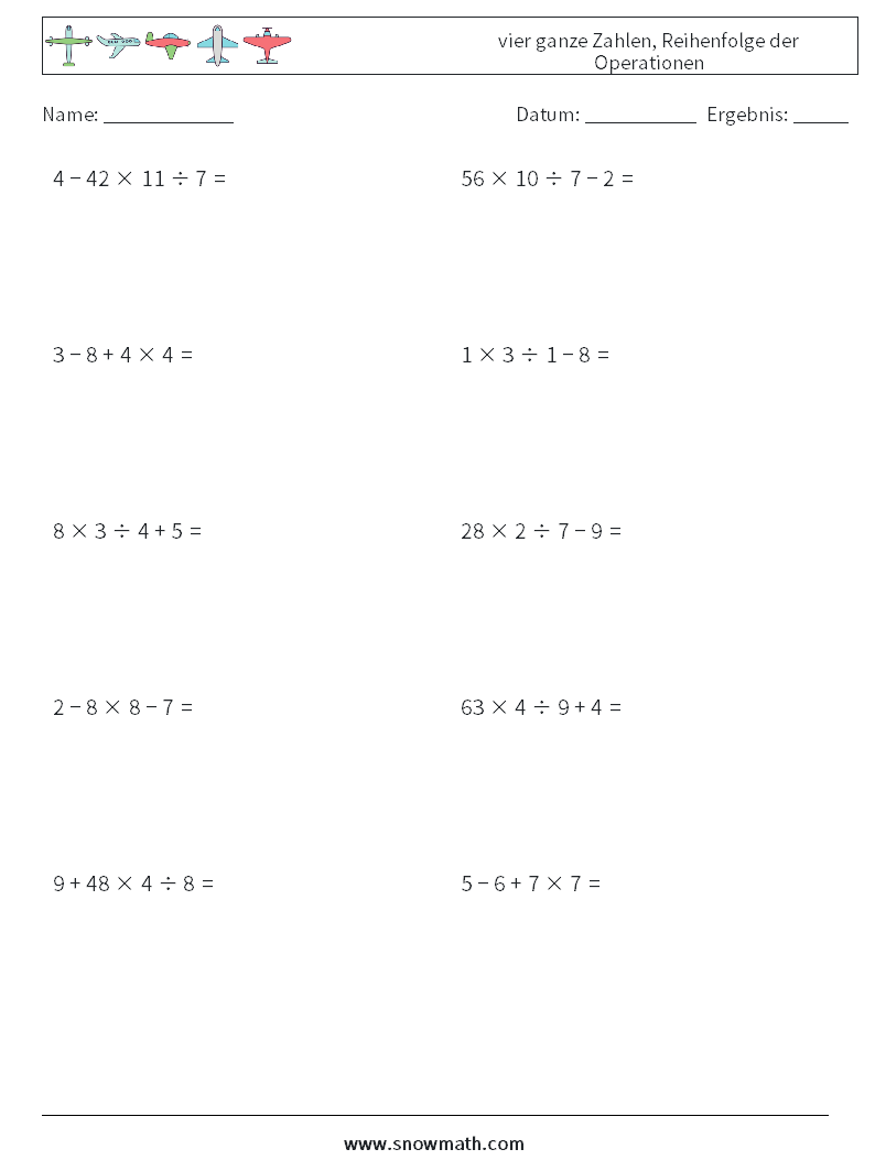 (10) vier ganze Zahlen, Reihenfolge der Operationen Mathe-Arbeitsblätter 4