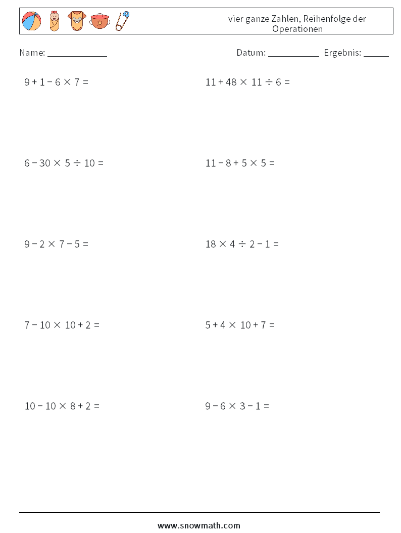 (10) vier ganze Zahlen, Reihenfolge der Operationen Mathe-Arbeitsblätter 5
