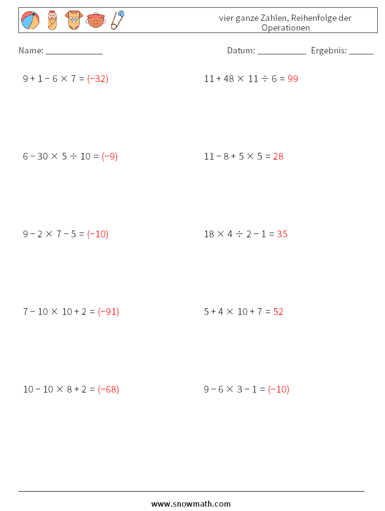 (10) vier ganze Zahlen, Reihenfolge der Operationen Mathe-Arbeitsblätter 5 Frage, Antwort