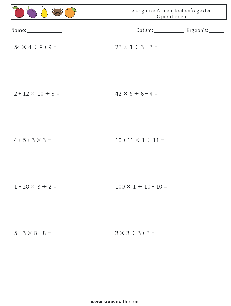 (10) vier ganze Zahlen, Reihenfolge der Operationen Mathe-Arbeitsblätter 6