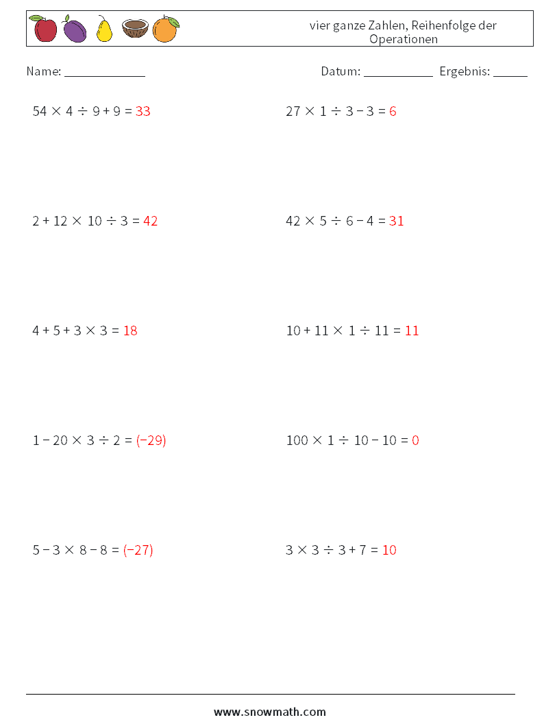 (10) vier ganze Zahlen, Reihenfolge der Operationen Mathe-Arbeitsblätter 6 Frage, Antwort
