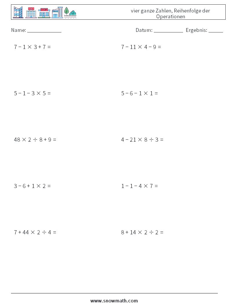 (10) vier ganze Zahlen, Reihenfolge der Operationen Mathe-Arbeitsblätter 7