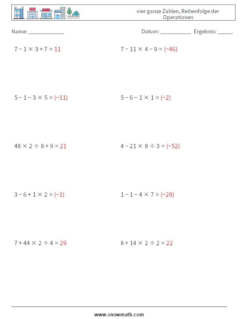 (10) vier ganze Zahlen, Reihenfolge der Operationen Mathe-Arbeitsblätter 7 Frage, Antwort
