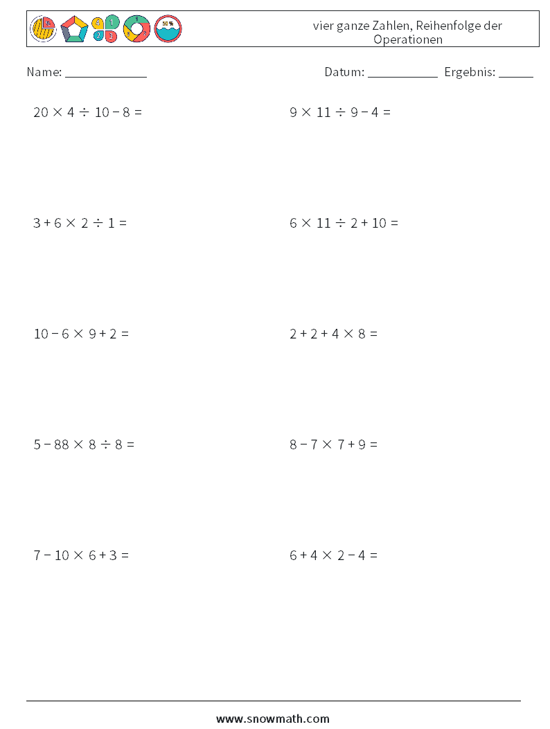 (10) vier ganze Zahlen, Reihenfolge der Operationen Mathe-Arbeitsblätter 8