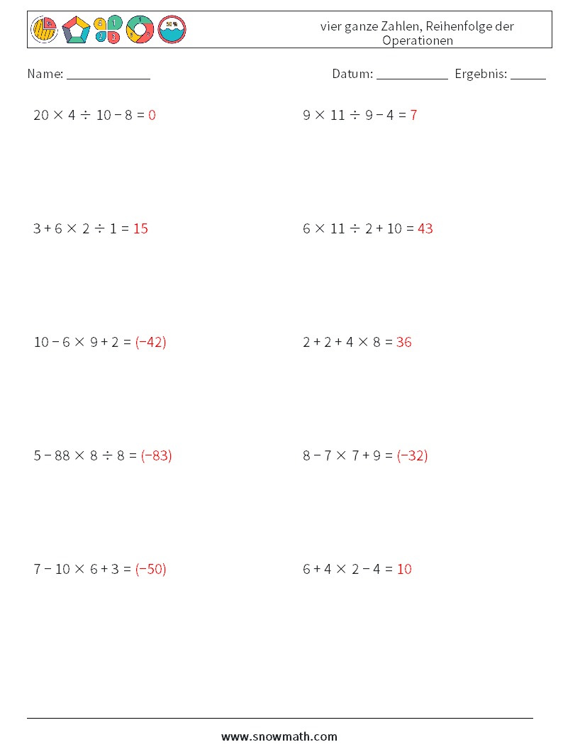 (10) vier ganze Zahlen, Reihenfolge der Operationen Mathe-Arbeitsblätter 8 Frage, Antwort