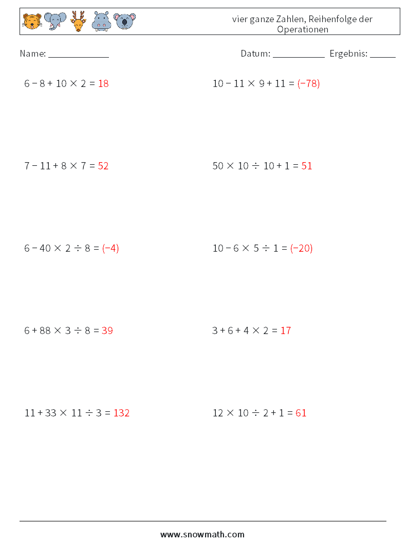(10) vier ganze Zahlen, Reihenfolge der Operationen Mathe-Arbeitsblätter 9 Frage, Antwort