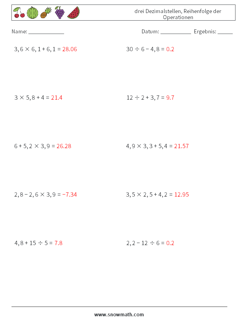 (10) drei Dezimalstellen, Reihenfolge der Operationen Mathe-Arbeitsblätter 12 Frage, Antwort