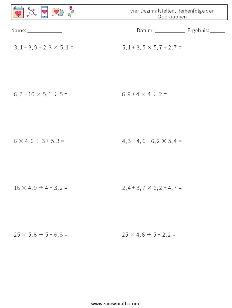 (10) vier Dezimalstellen, Reihenfolge der Operationen Mathe-Arbeitsblätter 10