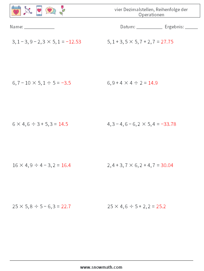 (10) vier Dezimalstellen, Reihenfolge der Operationen Mathe-Arbeitsblätter 10 Frage, Antwort