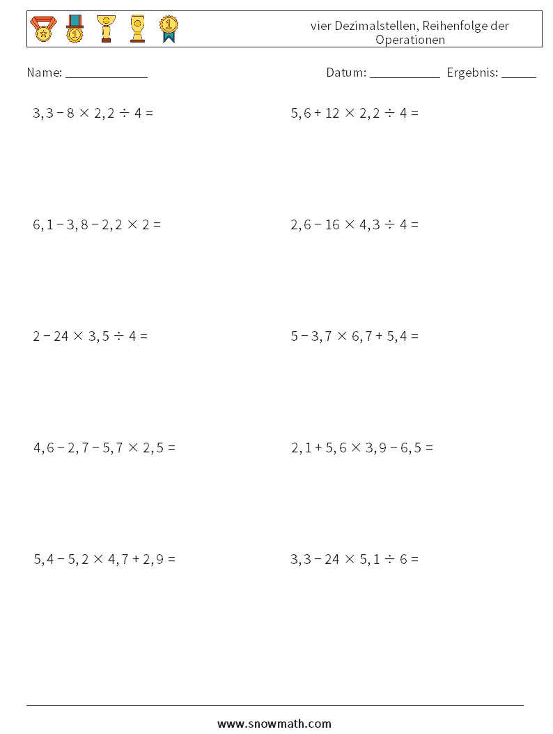 (10) vier Dezimalstellen, Reihenfolge der Operationen Mathe-Arbeitsblätter 11