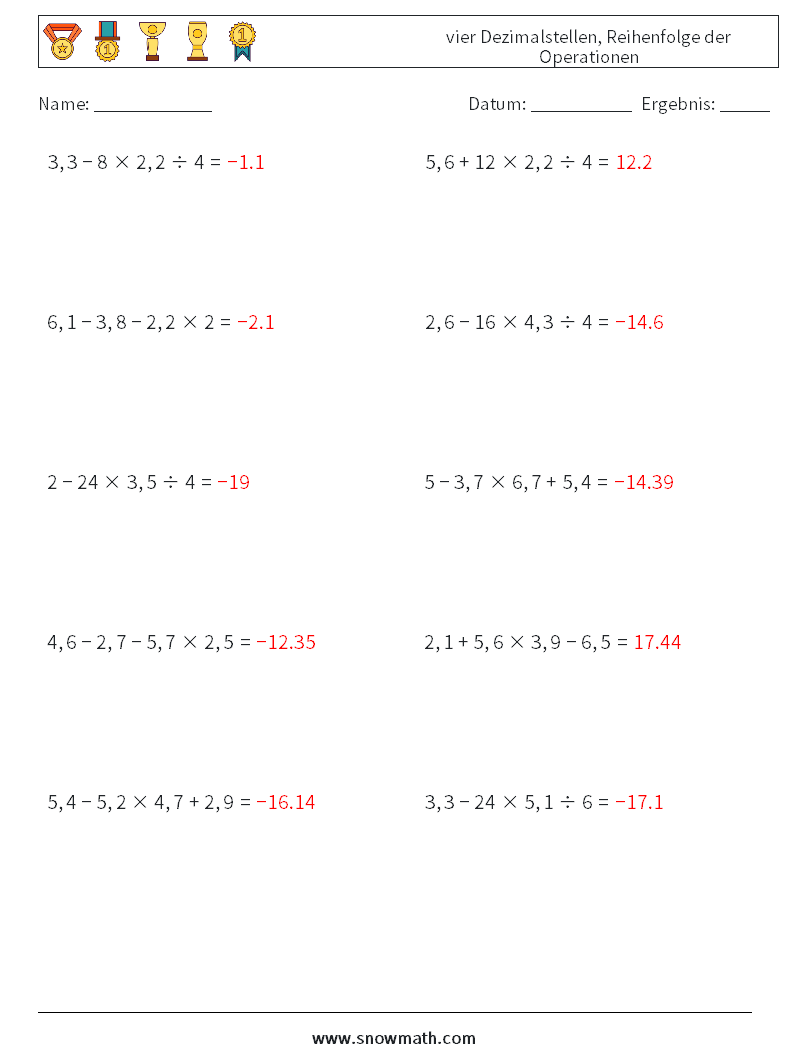 (10) vier Dezimalstellen, Reihenfolge der Operationen Mathe-Arbeitsblätter 11 Frage, Antwort