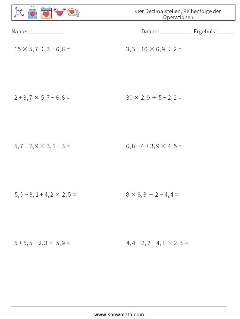 (10) vier Dezimalstellen, Reihenfolge der Operationen Mathe-Arbeitsblätter 12