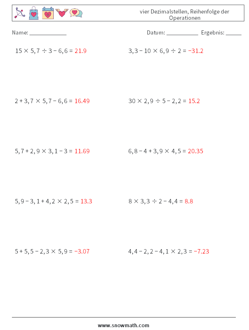 (10) vier Dezimalstellen, Reihenfolge der Operationen Mathe-Arbeitsblätter 12 Frage, Antwort