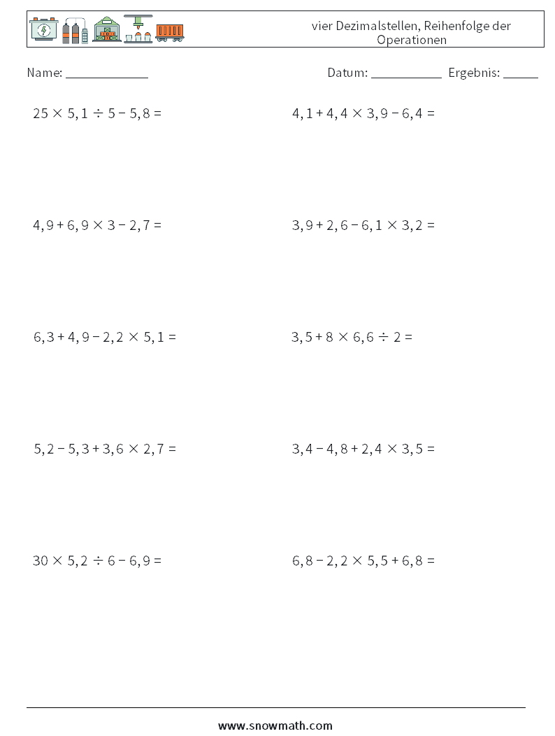 (10) vier Dezimalstellen, Reihenfolge der Operationen Mathe-Arbeitsblätter 13