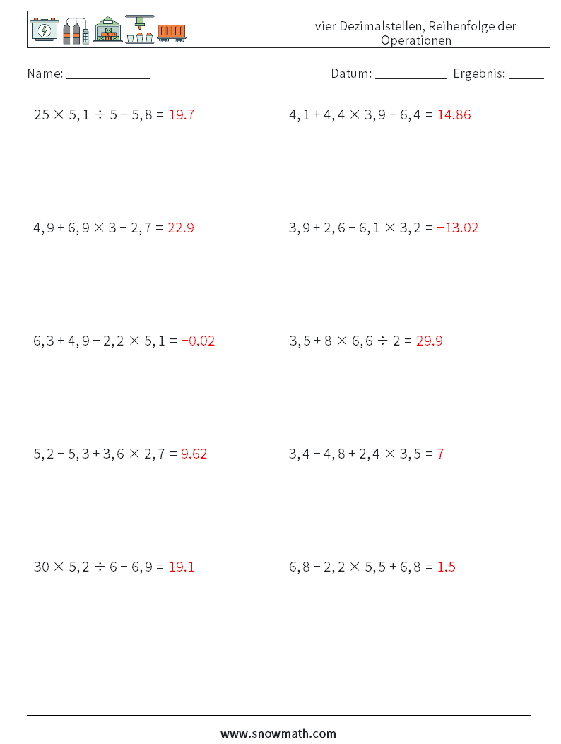 (10) vier Dezimalstellen, Reihenfolge der Operationen Mathe-Arbeitsblätter 13 Frage, Antwort