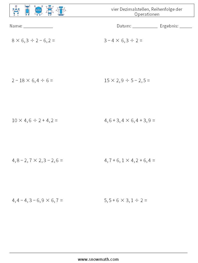 (10) vier Dezimalstellen, Reihenfolge der Operationen Mathe-Arbeitsblätter 14