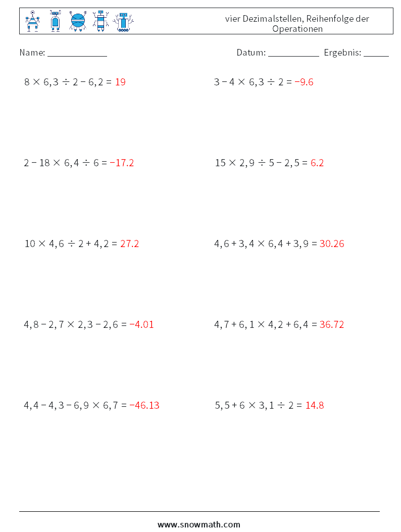 (10) vier Dezimalstellen, Reihenfolge der Operationen Mathe-Arbeitsblätter 14 Frage, Antwort