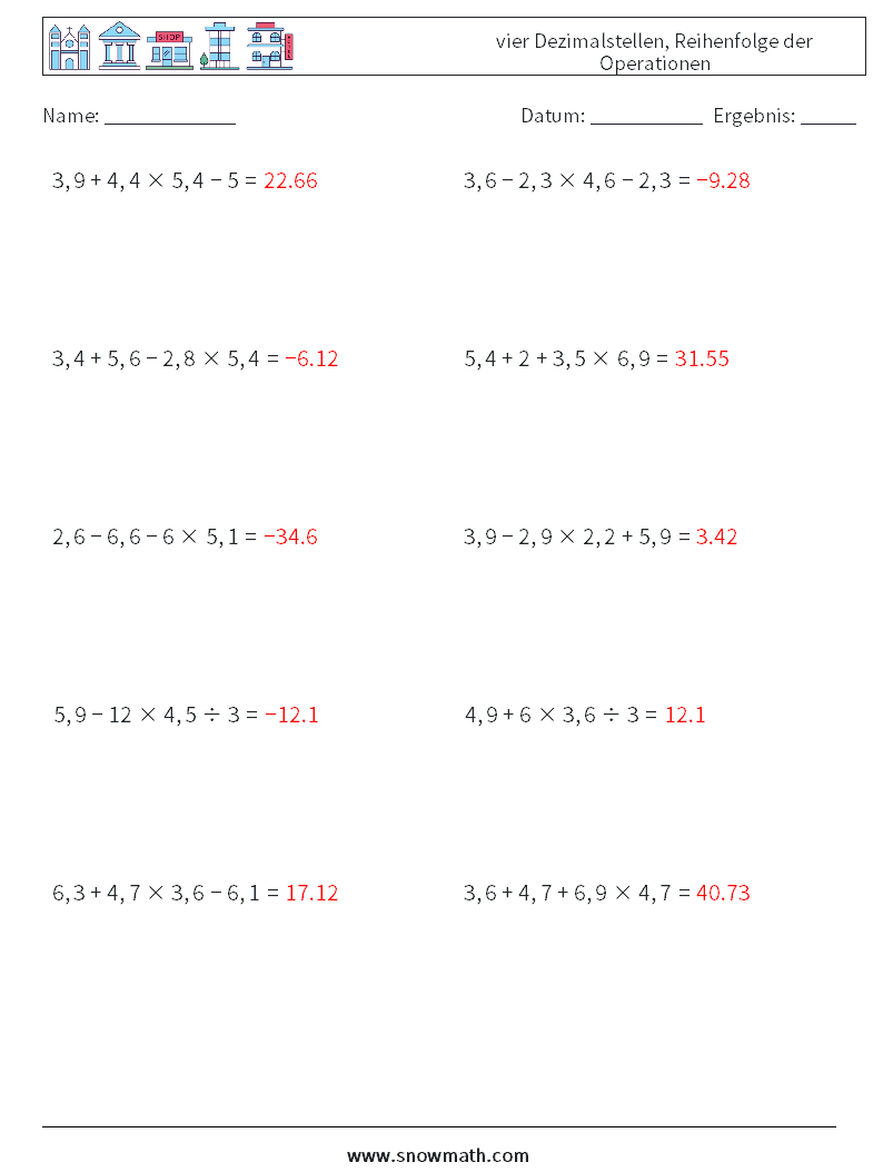 (10) vier Dezimalstellen, Reihenfolge der Operationen Mathe-Arbeitsblätter 15 Frage, Antwort
