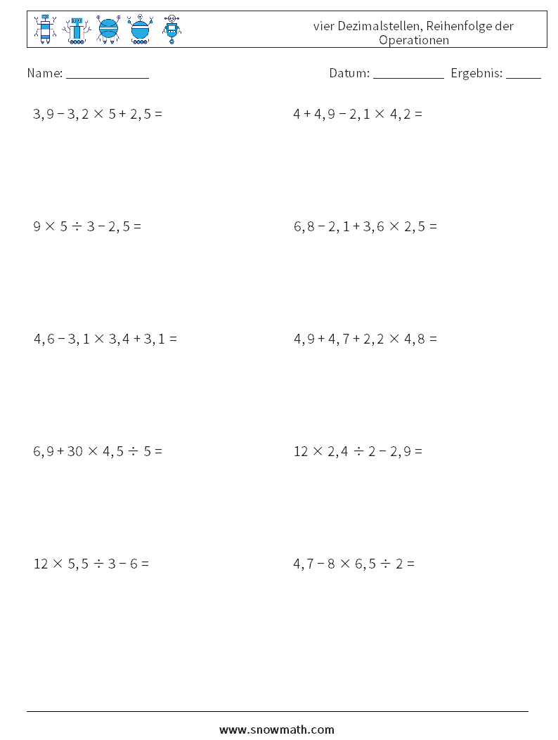 (10) vier Dezimalstellen, Reihenfolge der Operationen Mathe-Arbeitsblätter 16