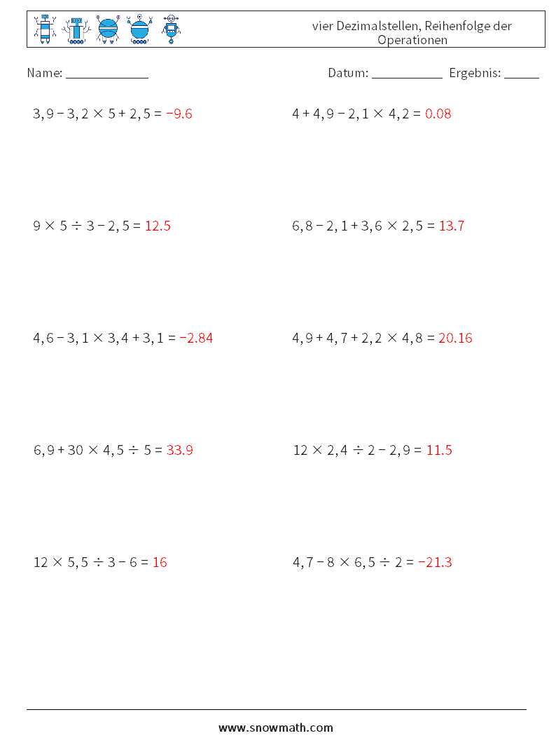 (10) vier Dezimalstellen, Reihenfolge der Operationen Mathe-Arbeitsblätter 16 Frage, Antwort