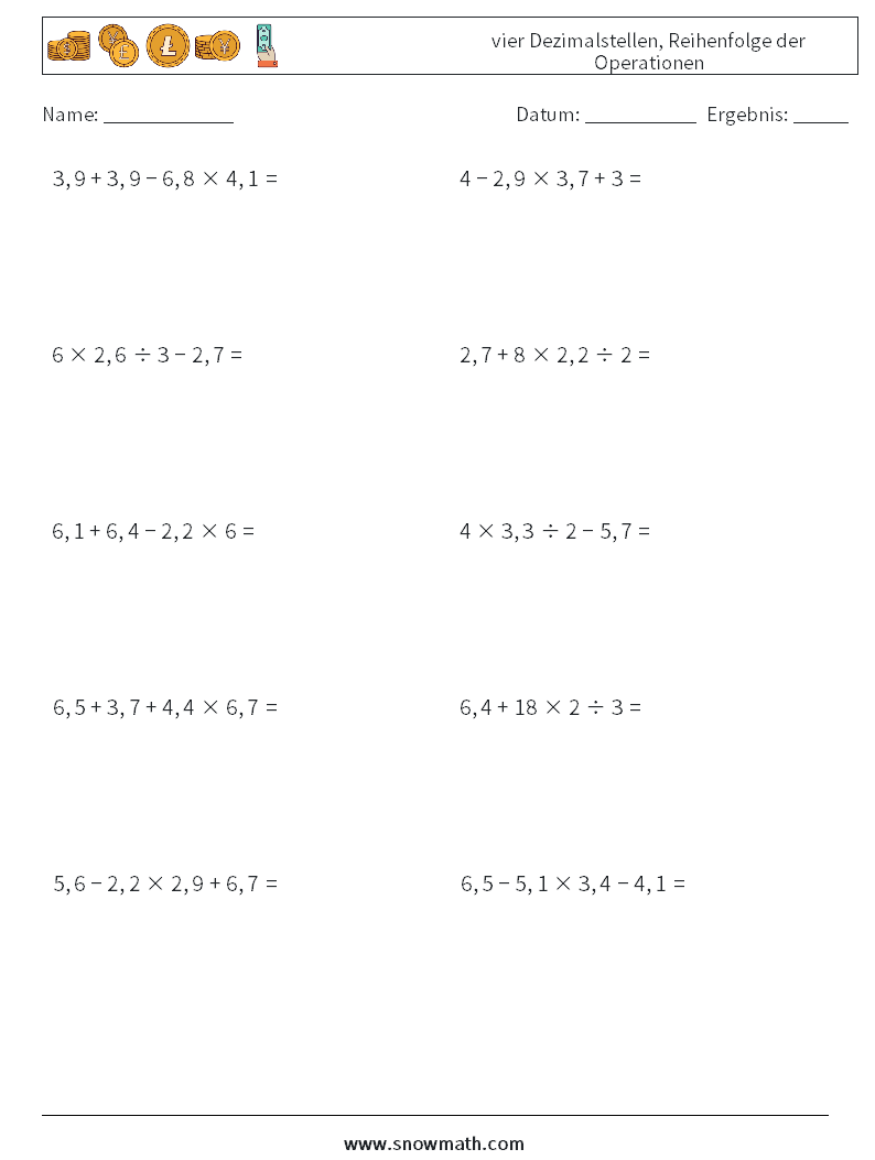 (10) vier Dezimalstellen, Reihenfolge der Operationen Mathe-Arbeitsblätter 17
