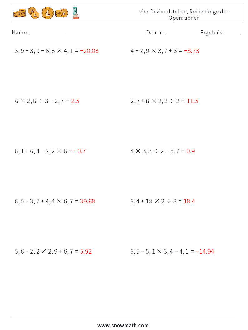(10) vier Dezimalstellen, Reihenfolge der Operationen Mathe-Arbeitsblätter 17 Frage, Antwort