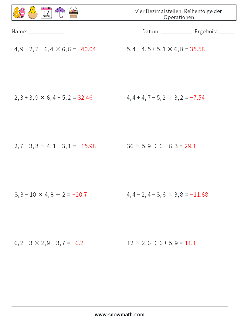 (10) vier Dezimalstellen, Reihenfolge der Operationen Mathe-Arbeitsblätter 18 Frage, Antwort