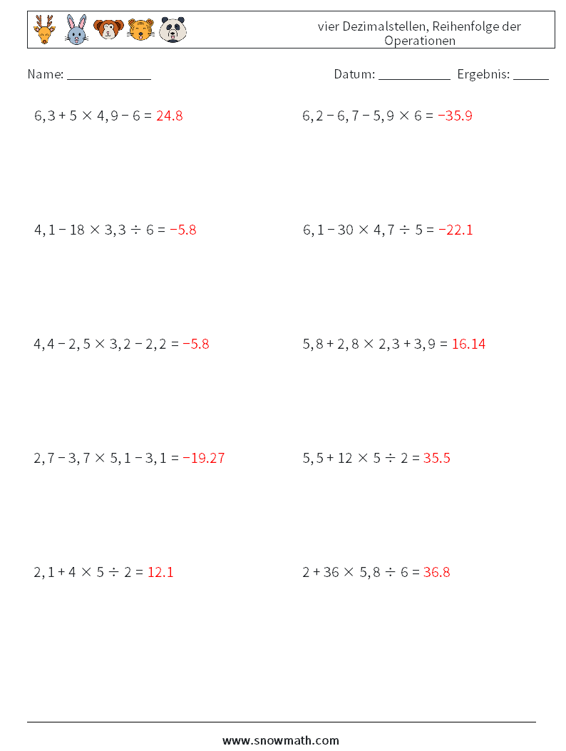 (10) vier Dezimalstellen, Reihenfolge der Operationen Mathe-Arbeitsblätter 1 Frage, Antwort