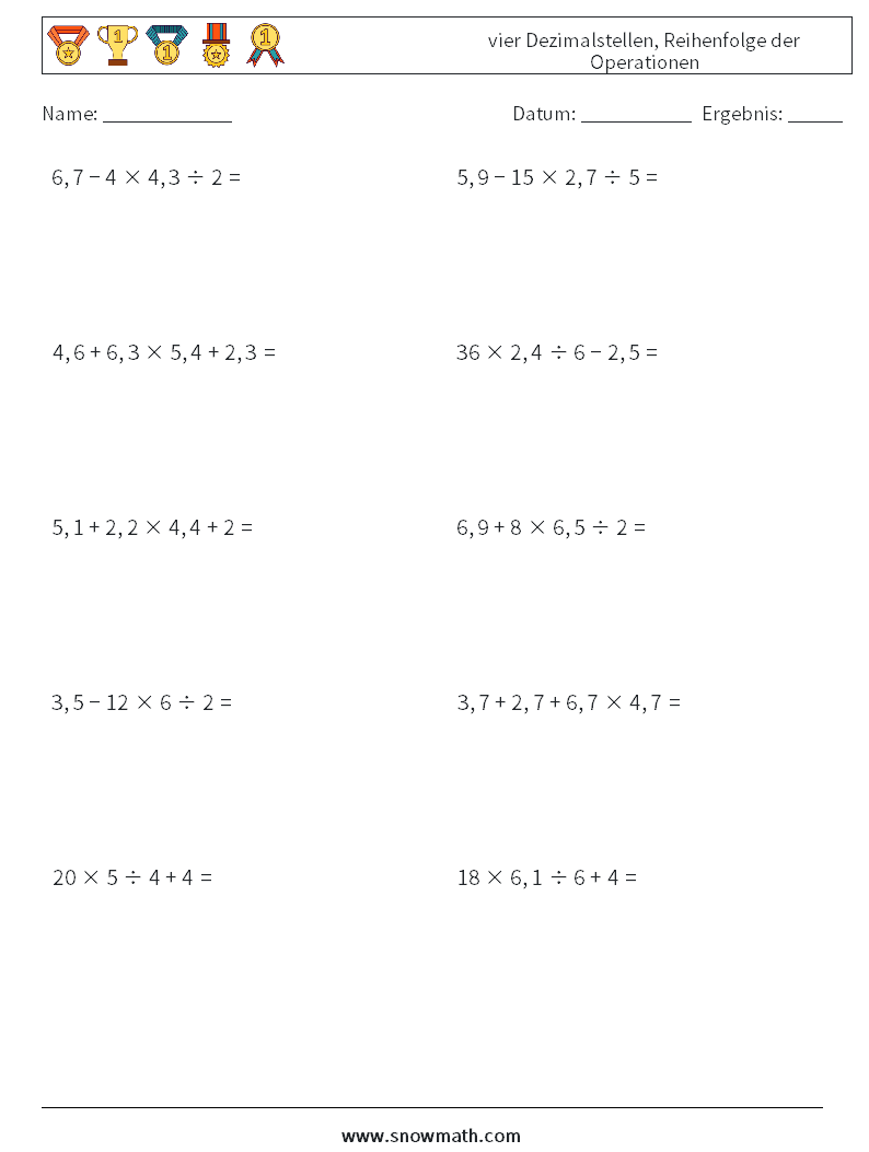 (10) vier Dezimalstellen, Reihenfolge der Operationen Mathe-Arbeitsblätter 2