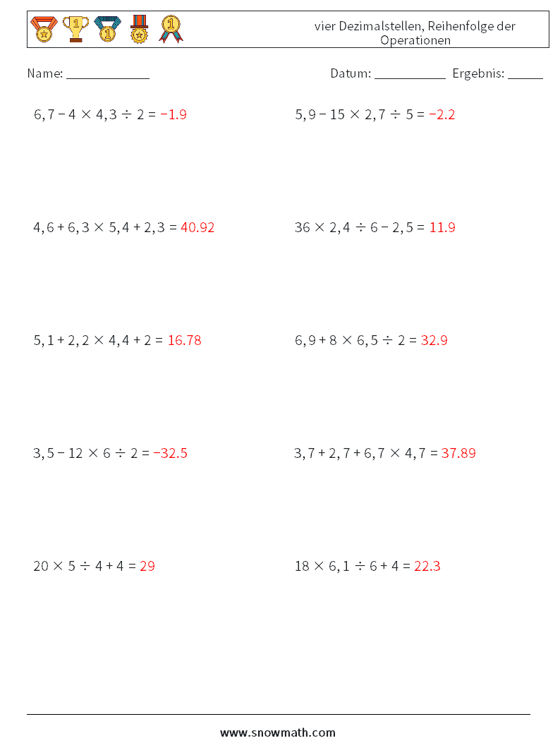 (10) vier Dezimalstellen, Reihenfolge der Operationen Mathe-Arbeitsblätter 2 Frage, Antwort