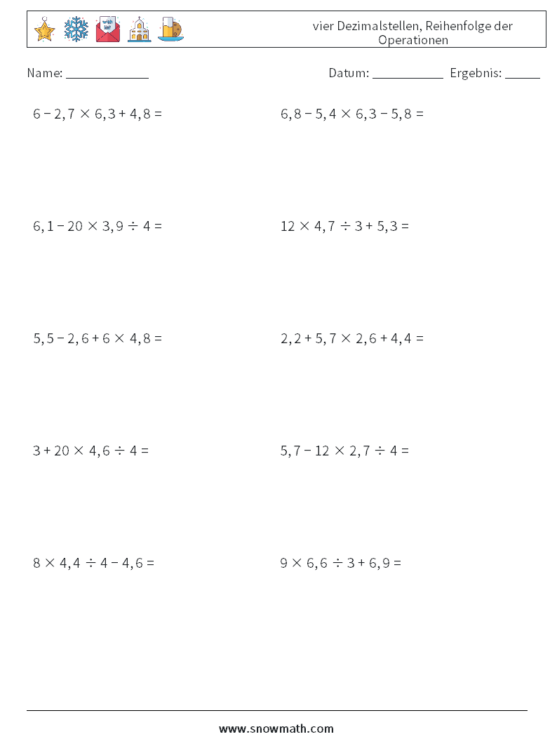 (10) vier Dezimalstellen, Reihenfolge der Operationen Mathe-Arbeitsblätter 3