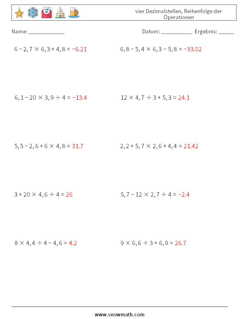 (10) vier Dezimalstellen, Reihenfolge der Operationen Mathe-Arbeitsblätter 3 Frage, Antwort