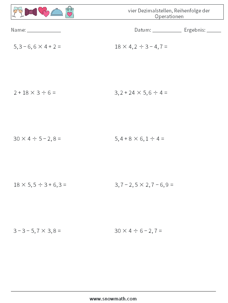 (10) vier Dezimalstellen, Reihenfolge der Operationen Mathe-Arbeitsblätter 5